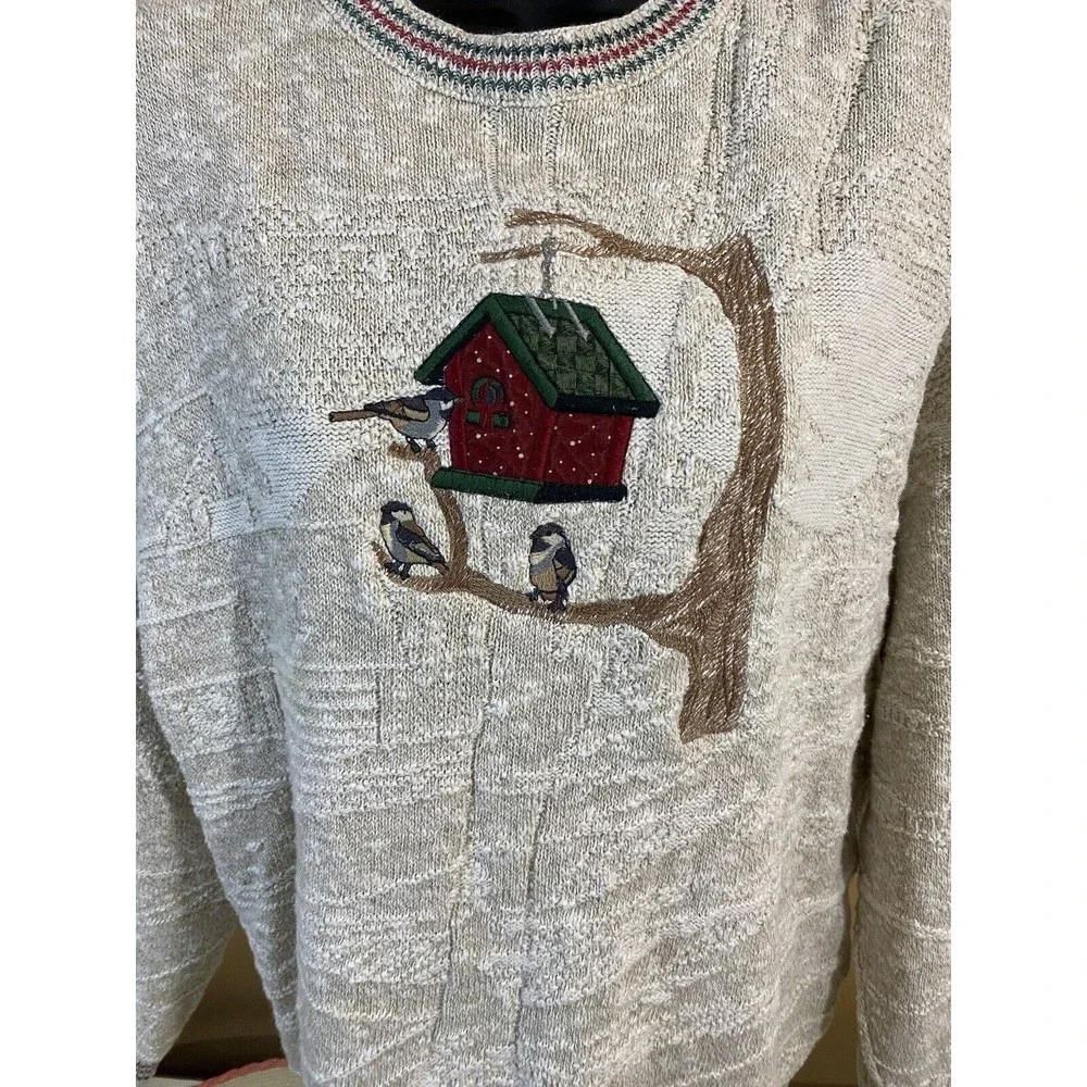 Vintage Jantzen USA Made Embroidered Bird/ House Women’s Woven Sweater Size L - Picture 2 of 16